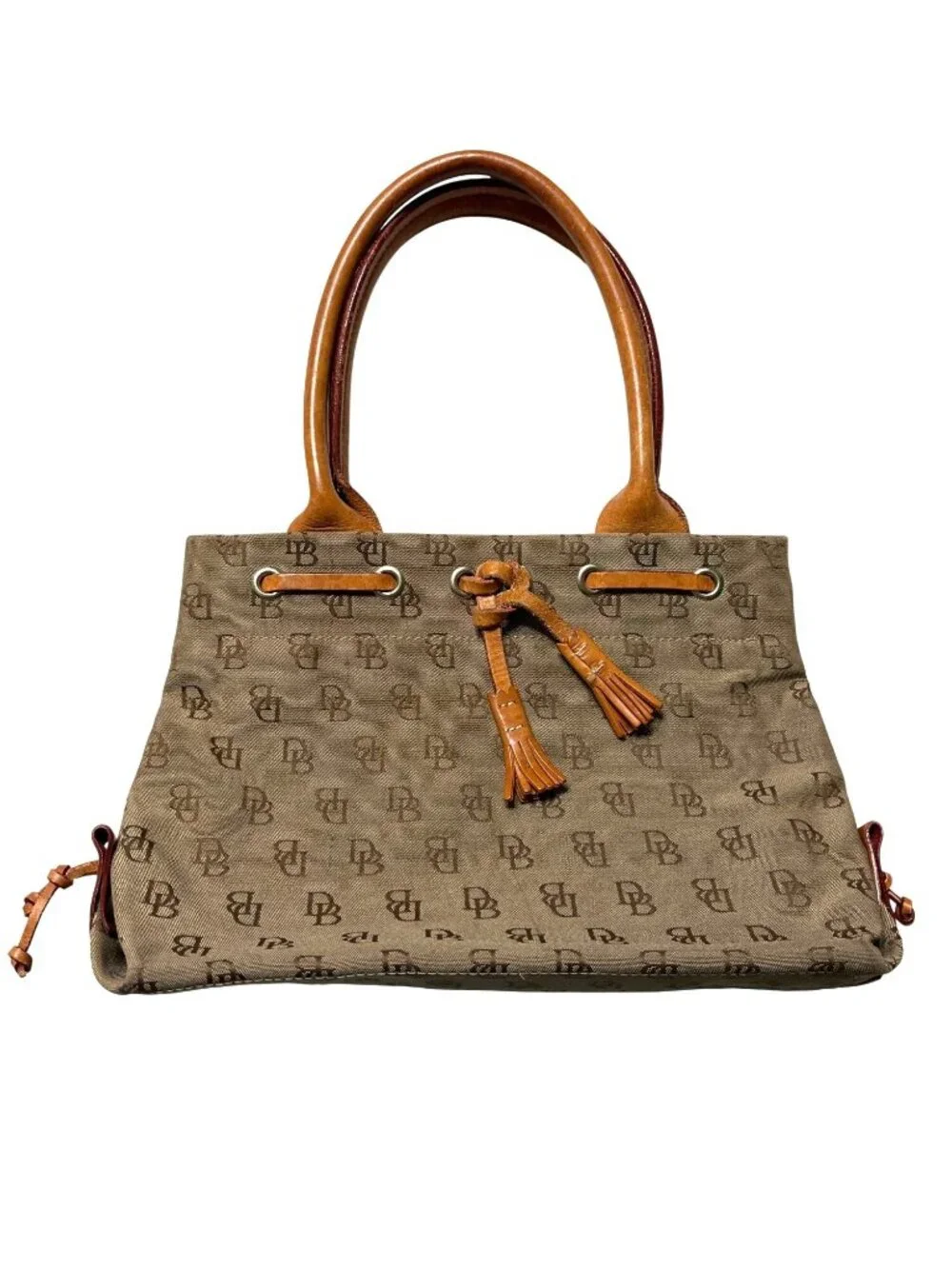 Dooney & Bourke Monogram Canvas Tote Beige/Brown Leather Handles & Tassel 11